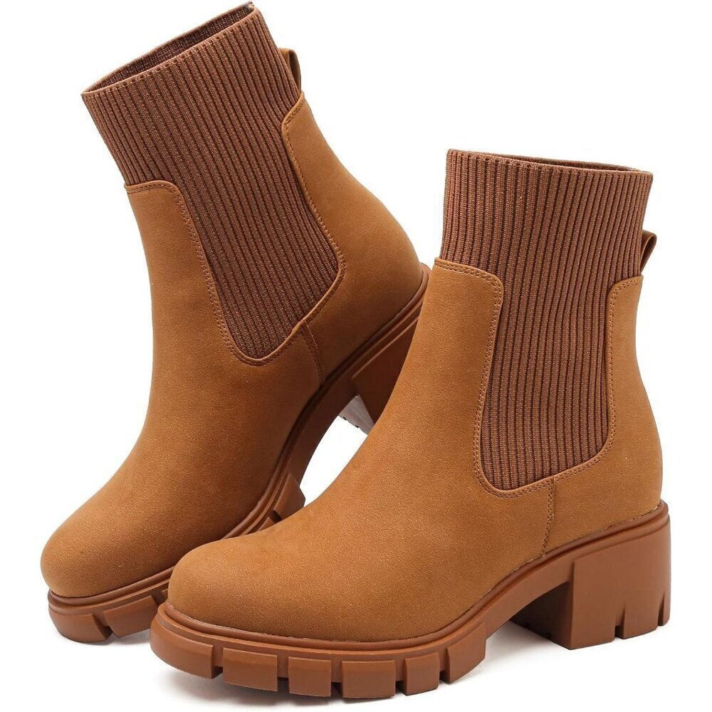 BKWHDAY Women's Brown Chelsea Platform Ankle Boots Fashion Chunky Heel